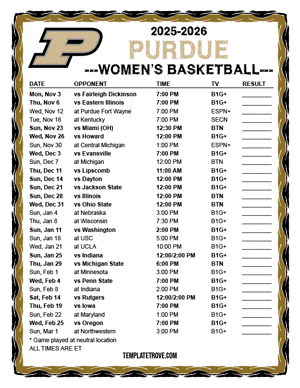 2024-25 Printable Purdue Boilermakers Women's Basketball Schedule