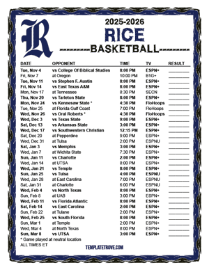 2024-25 Printable Rice Owls Basketball Schedule