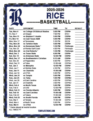 Rice Owls Basketball 2025-26 Printable Schedule - Pacific Times