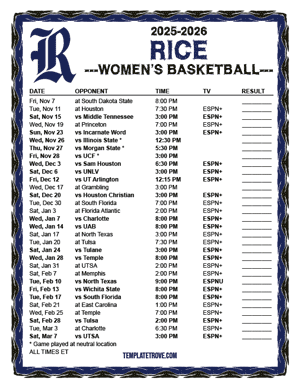2024-25 Printable Rice Owls Women's Basketball Schedule