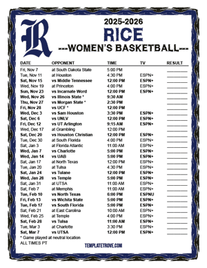 Rice Owls women's basketball 2025-26 Printable Schedule - Pacific Times