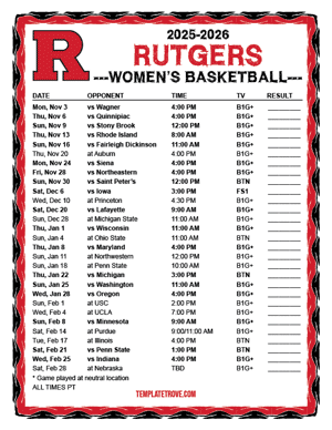 Rutgers Scarlet Knights Women's Basketball 2025-26 Printable Schedule - Pacific Times