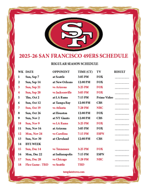 San Francisco 49ers 2025-26
 Printable Schedule - Central Times