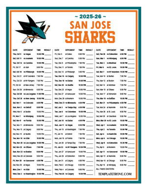 San Jose Sharks 2025-26 Printable Schedule