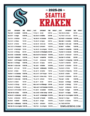 Seattle Kraken 2025-26 Printable Schedule