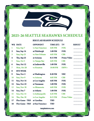 Seattle Seahawks 2025-26
 Printable Schedule