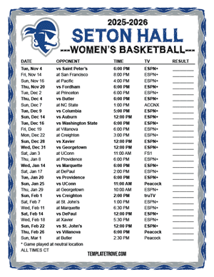 Seton Hall Pirates Women's Basketball 2025-26 Printable Schedule - Central Times