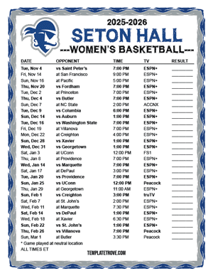 2024-25 Printable Seton Hall Pirates Women's Basketball Schedule