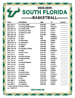 2024-25 Printable South Florida Bulls Basketball Schedule