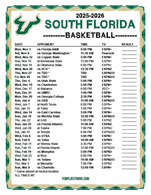 South Florida Bulls Basketball 2025-26 Printable Schedule - Mountain Times