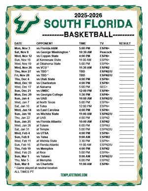 South Florida Bulls Basketball 2025-26 Printable Schedule - Pacific Times