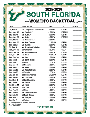 South Florida Bulls women's basketball 2025-26 Printable Schedule - Mountain Times