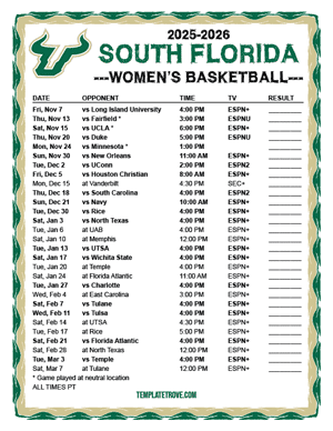 South Florida Bulls women's basketball 2025-26 Printable Schedule - Pacific Times