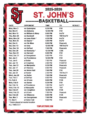 2024-25 Printable St. John's Red Storm Basketball Schedule