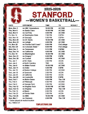 2025-26 Printable Stanford Cardinal Women's Basketball Schedule