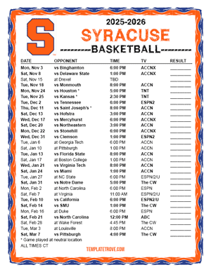 Syracuse Orange Basketball 2025-26 Printable Schedule - Central Times
