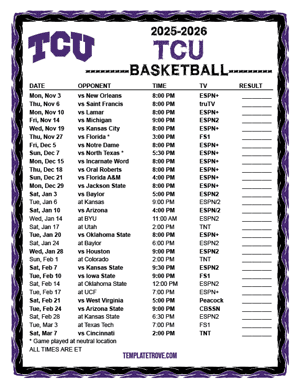 2024-25 Printable TCU Horned Frogs Basketball Schedule