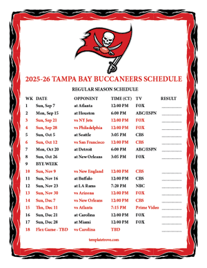 Tampa Bay Buccaneers 2025-26
 Printable Schedule - Central Times