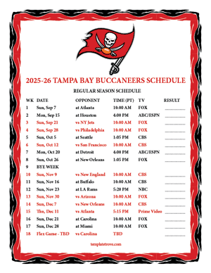Tampa Bay Buccaneers 2025-26
 Printable Schedule - Pacific Times