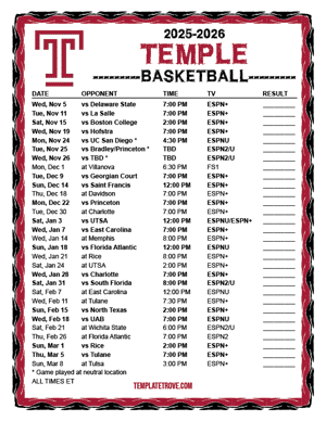 2024-25 Printable Temple Owls Basketball Schedule
