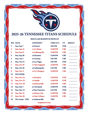 Tennessee Titans 2025-26
 Printable Schedule - Central Times