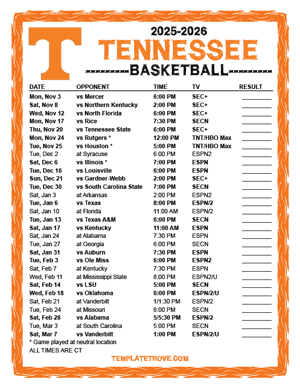 Tennessee Volunteers Basketball 2025-26 Printable Schedule - Central Times