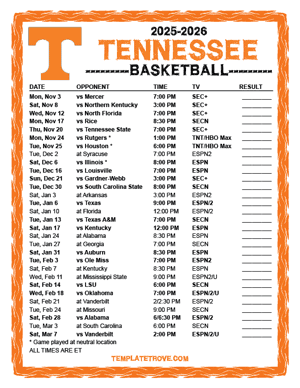 2024-25 Printable Tenessee Volunteers Basketball Schedule