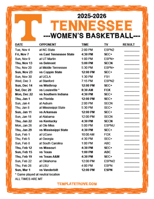 Tennessee Volunteers women's basketball 2025-26 Printable Schedule - Mountain Times