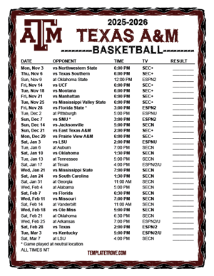 Texas A&M Aggies Basketball 2025-26 Printable Schedule - Mountain Times