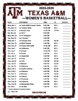 Texas A&M Aggies women's basketball 2025-26 Printable Schedule - Mountain Times