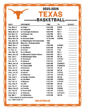 2024-25 Printable Texas Longhorns Basketball Schedule