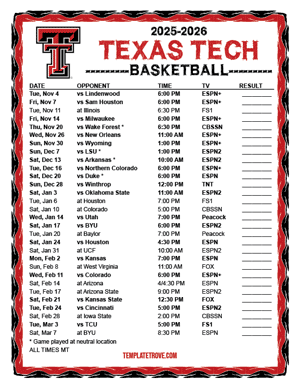 Texas Tech Red Raiders Basketball 2025-26 Printable Schedule - Mountain Times