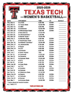 Texas Tech Red Raiders Women's Basketball 2025-26 Printable Schedule - Pacific Times