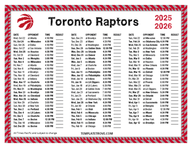 Toronto Raptors 2025-26 Printable Schedule - Pacific Times