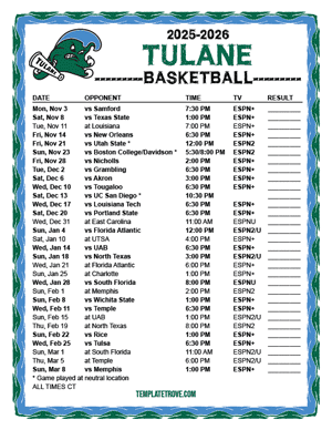 Tulane Green Wave Basketball 2025-26 Printable Schedule - Central Times