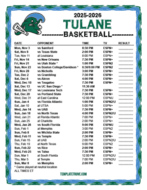 2024-25 Printable Tulane Green Wave Basketball Schedule