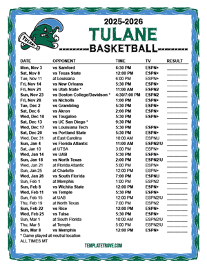 Tulane Green Wave Basketball 2025-26 Printable Schedule - Mountain Times