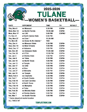 Tulane Green Wave women's basketball 2025-26 Printable Schedule - Mountain Times
