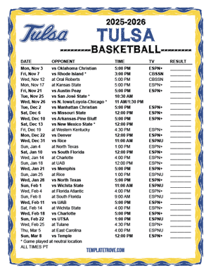 Tulsa Golden Hurricane Basketball 2025-26 Printable Schedule - Pacific Times