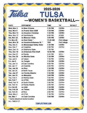 2024-25 Printable Tulsa Golden Hurricane Women's Basketball Schedule