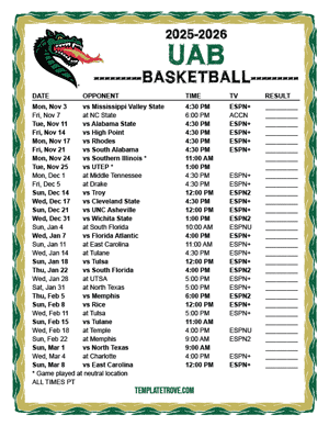 UAB Blazers Basketball 2025-26 Printable Schedule - Pacific Times