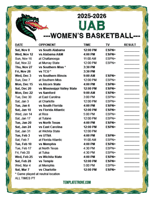 UAB Blazers women's basketball 2025-26 Printable Schedule - Pacific Times
