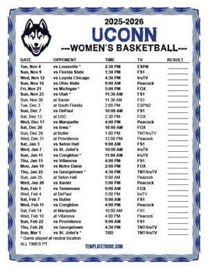 UConn Huskies Women's Basketball 2025-26 Printable Schedule - Pacific Times