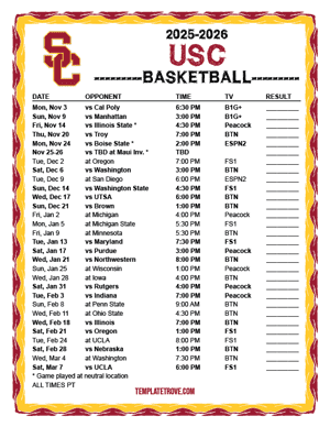 USC Trojans Basketball 2025-26 Printable Schedule - Pacific Times