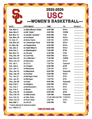 USC Trojans Women's Basketball 2025-26 Printable Schedule - Central Times