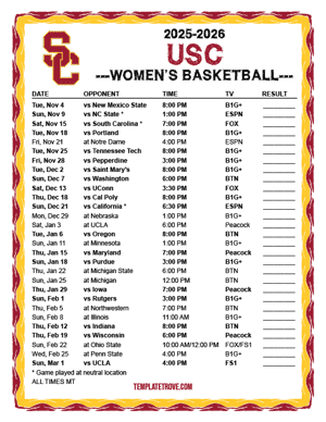 USC Trojans Women's Basketball 2025-26 Printable Schedule - Mountain Times