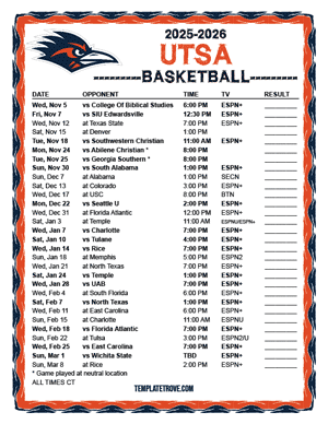 UTSA Roadrunners Basketball 2025-26 Printable Schedule - Central Times