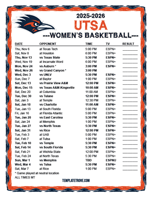UTSA Roadrunners women's basketball 2025-26 Printable Schedule - Mountain Times
