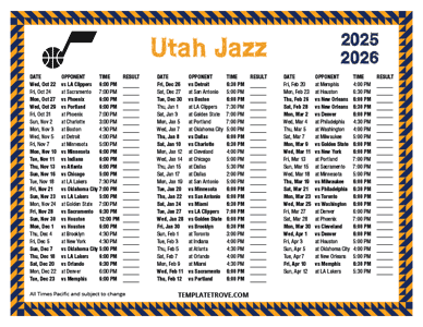 Utah Jazz 2025-26 Printable Schedule - Pacific Times
