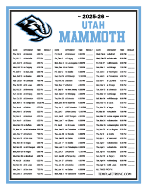 Utah Mammoth 2025-26 Printable Schedule - Pacific Times